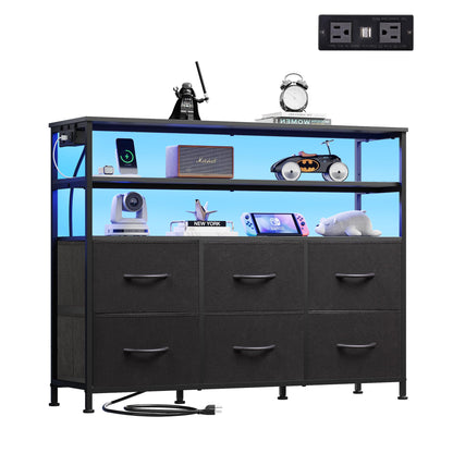 WLIVE Black TV Stand for 40, 45 inch TV, Entertainment Center with LED Lights & Charging Station, TV Media Console Table with 6 Fabric Drawers and Open Shelves for Living Room, Hallway, Wood Top