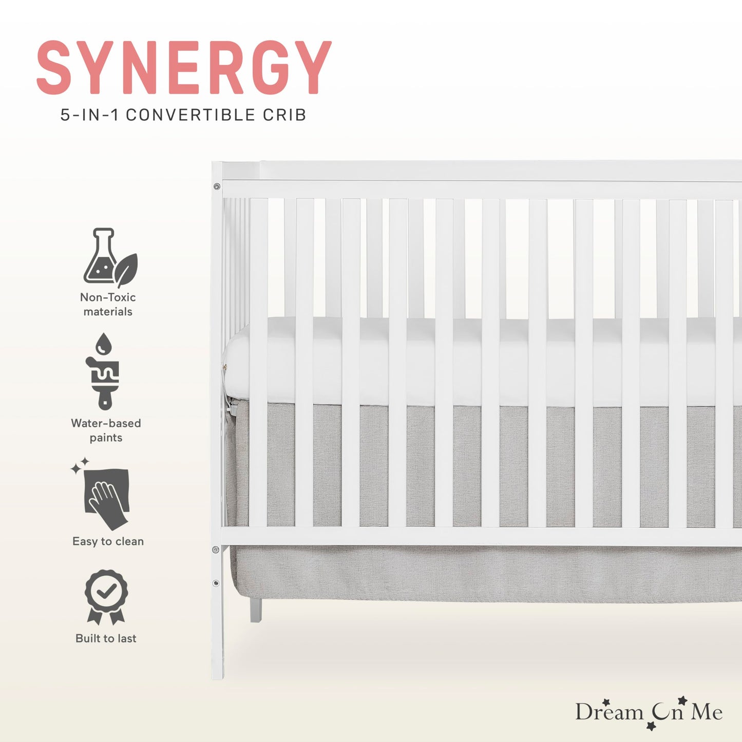 Dream On Me 5-In-1 Convertible Crib in White