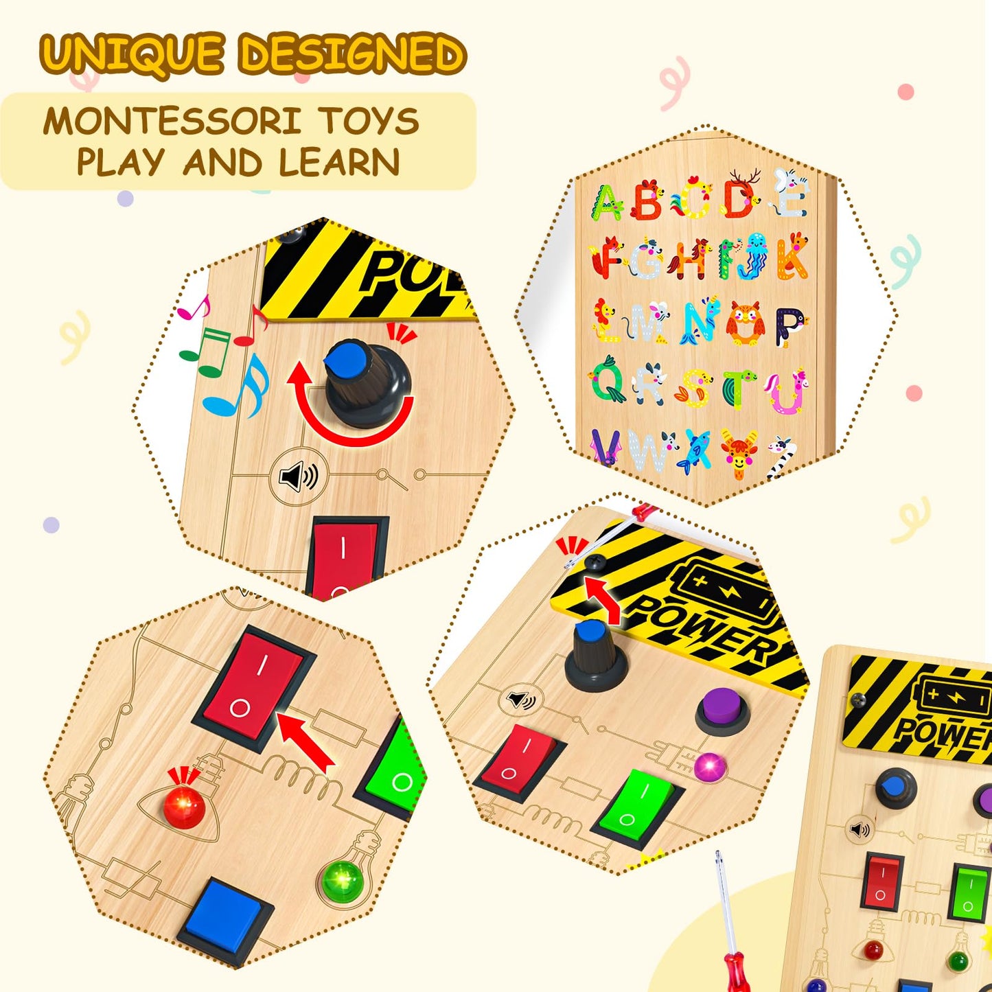 MGparty Toddler Busy Board, Baby Wooden Montessori Toys with LED Light, Travel Fine Motor Sensory Toys for Boys Girls Age 1+ Year Old