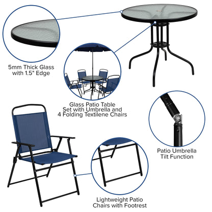 Flash Furniture Nantucket 6-Piece Patio Dining Set with Glass Table, 4 Folding Chairs, and Umbrella, Outdoor Patio Table, Chairs, Umbrella Set, Navy