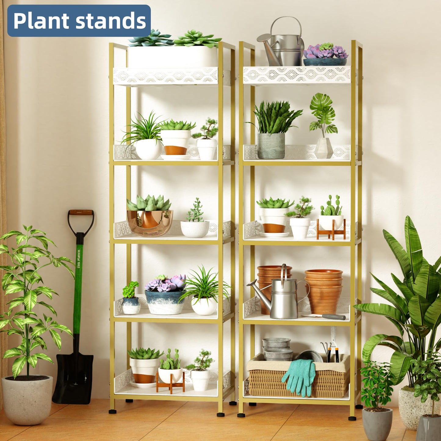 vimiroo Heavy Duty 5 Tier Bookshelves, Metal Industrial Kitchen Shelf Storage Organizer with Load-Bearing 500 lbs Rust Resistance Tall Bookcase for Living Room,Home, Kitchen, Office (Metallic Gold)