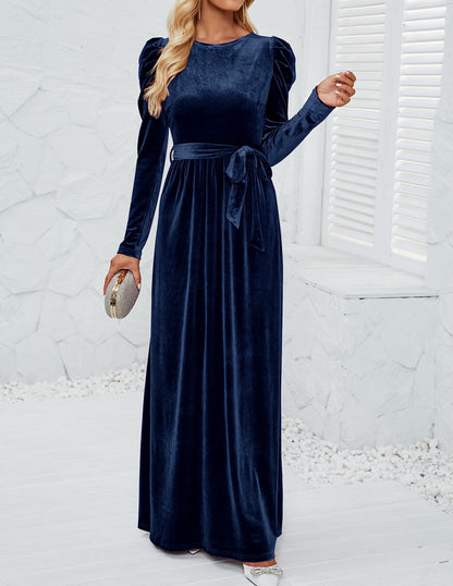 ZESICA Women's Velvet Maxi Dress Long Puff Sleeve Crew Neck Elastic High Waist Cocktail Party Bridesmaid Dresses,Navy,X-Large