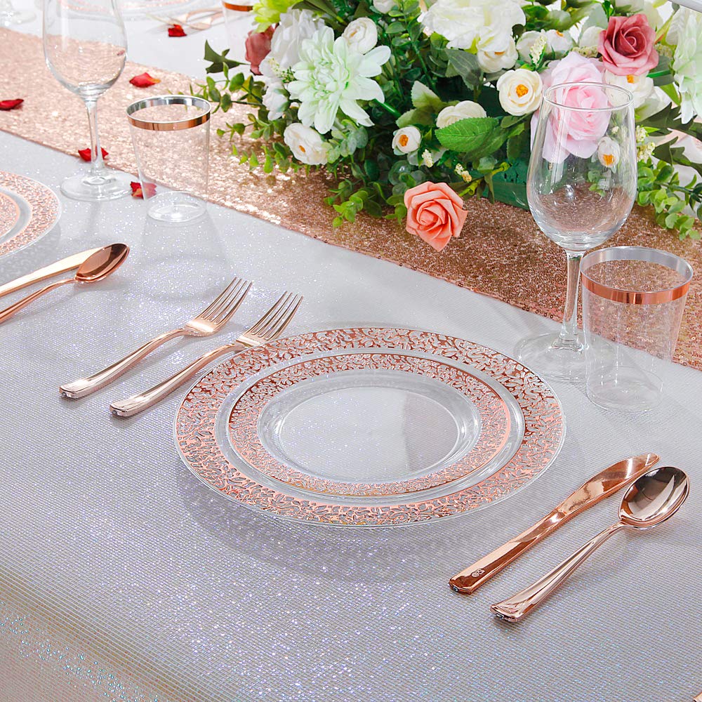 IOOOOO 150 Pcs Rose Gold Plastic Plates & Silverware & Disposable Cups, Laced Design Includes 25 Dinner Plates 10.25" 25 Dessert Plates 7.5" 25 Tumblers 25 Forks 25 Knives 25 Spoons for Party