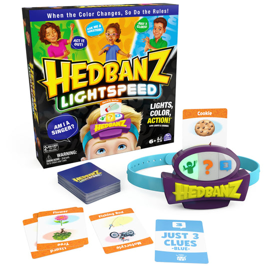 Hedbanz Lightspeed Family Game with Lights & Sounds | Card Game for Kids Ages 6+ and Families