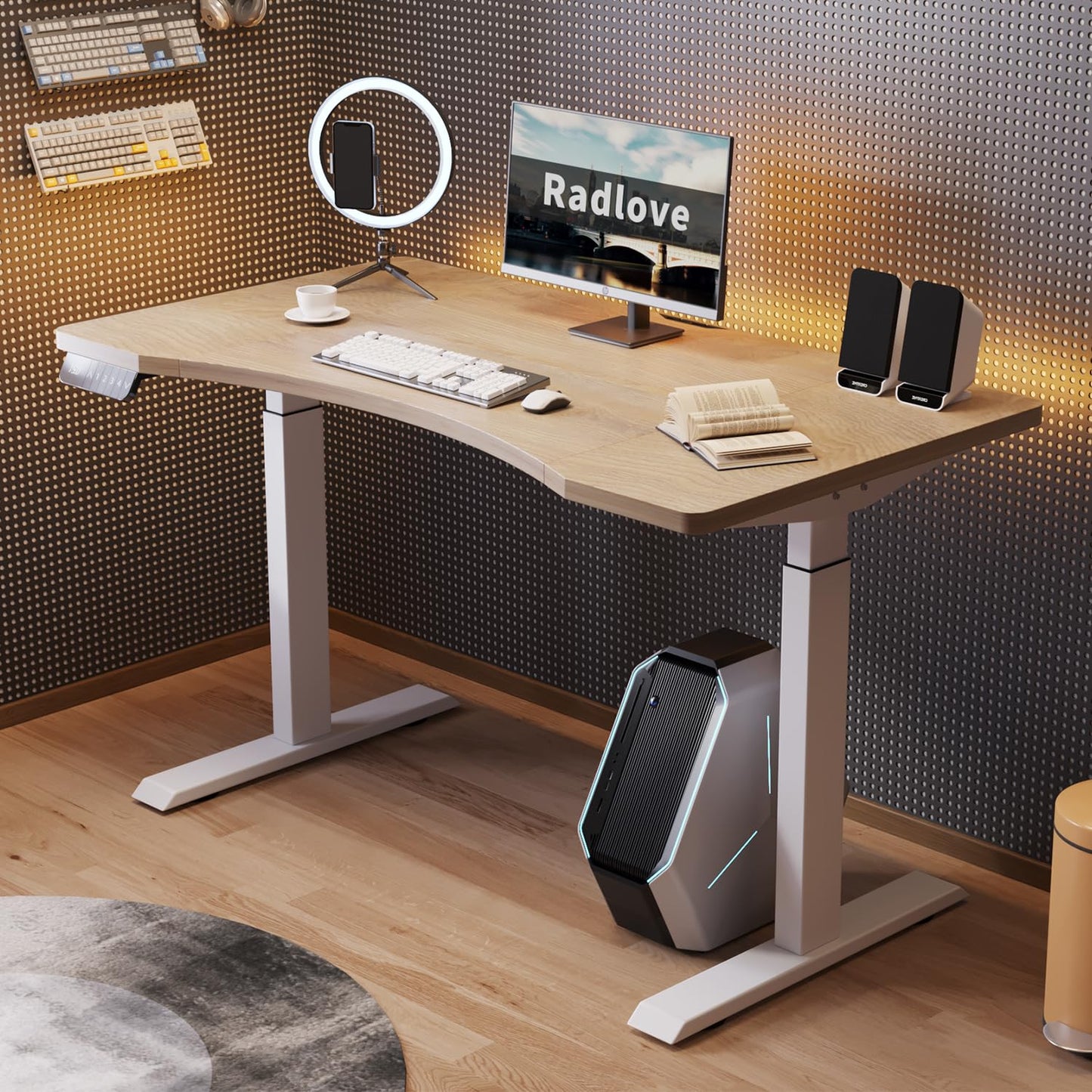 Radlove Dual Motors Height Adjustable 55 x 30'' Electric Standing Desk with Curved Design Stand Up Table 4 Memory Keys, Computer Desk with Splice Board Home Office Desk, Oak Top + White Frame