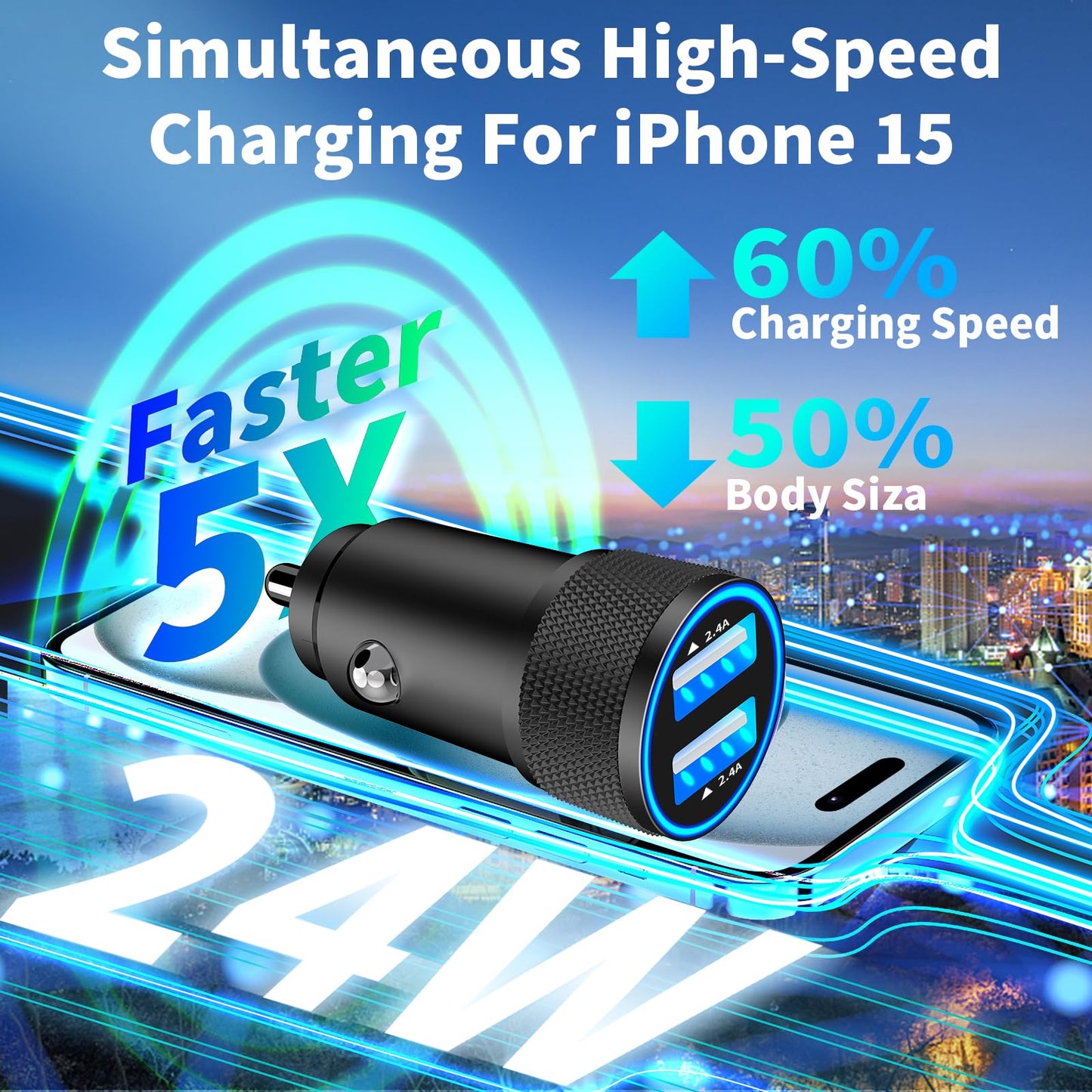 4.8A Dual USB Car Charger with 2 Pack Cable