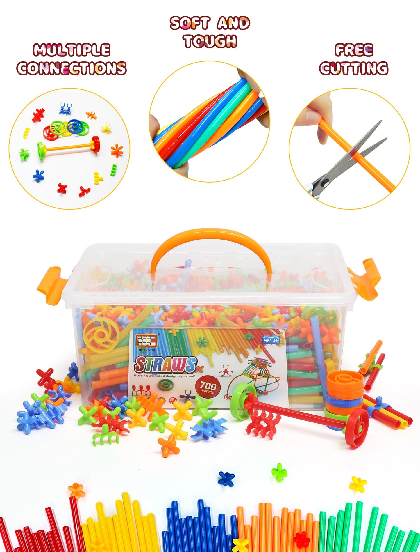 700Pcs Straw Constructor Toys for 3 4 5 6 7 8 Years Kids STEM Building Toys with Box Straw Toy Interlocking Plastic Toys Engineering Toys Thin Tube Blocks Toy Preschool Toy Kit for Boys and Girls