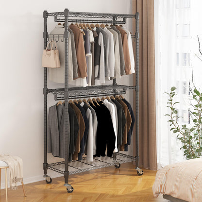 Portable Rolling Garment Rack with Adjustable Shelves