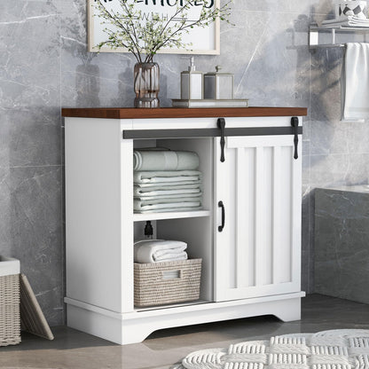 Merax, Brown Bathroom Cabinet with Sliding Barn Door, Farmhouse Accent Storage Cupboard with Adjustable Shelf, 1.18inch Thick MDF Board, White
