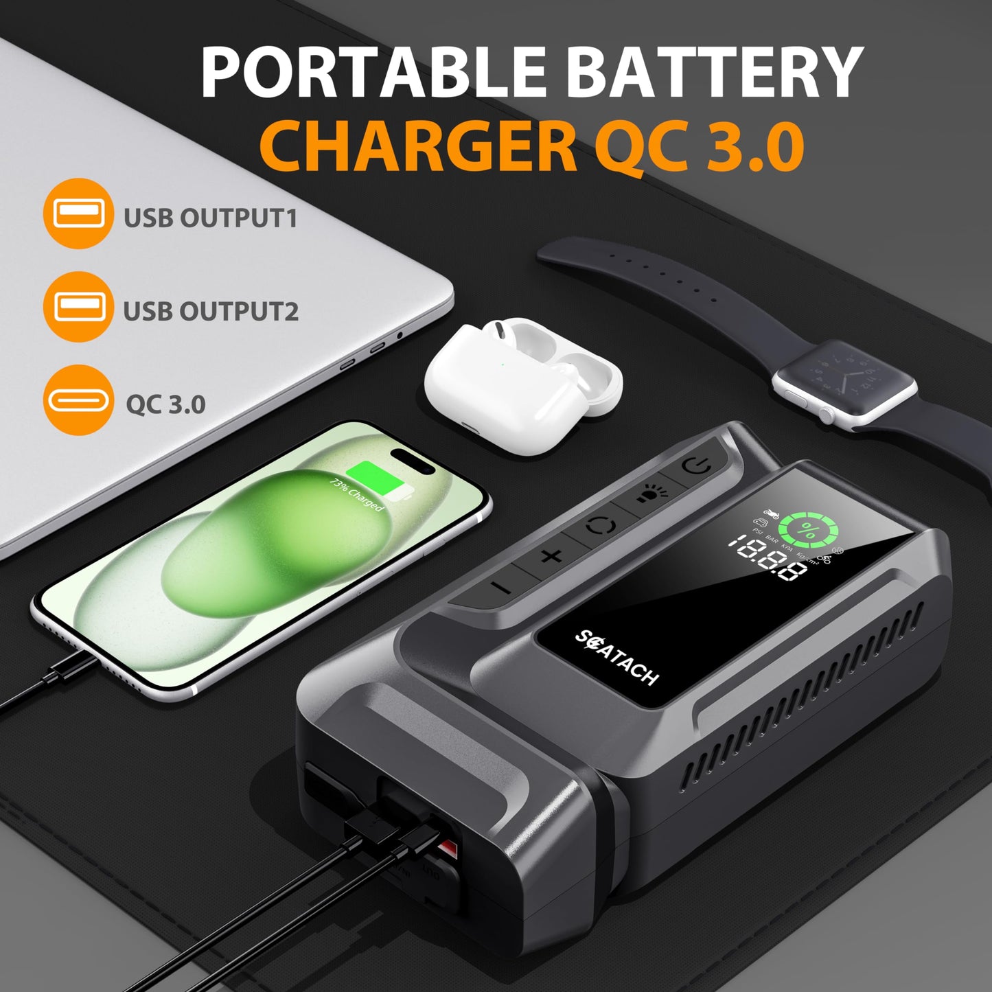 UPDATE: DEAD ❗ Scatach Q16 4000A Car Jump Starter with Air Compressor, 150PSI Portable Jump Starter Battery Pack (10.0L Gas/8.0L Diesel), with QC3.0, Large Display, 3 Modes Flashlight and Jumper Cable