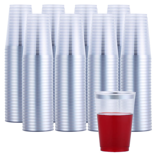 By Madee HEAVYWEIGHT 200 Pack Silver Plastic Cups 12 oz | Silver Rimmed Plastic Cups for Party | Fancy Clear Disposable Cups for Party, Wedding and Special Gatherings