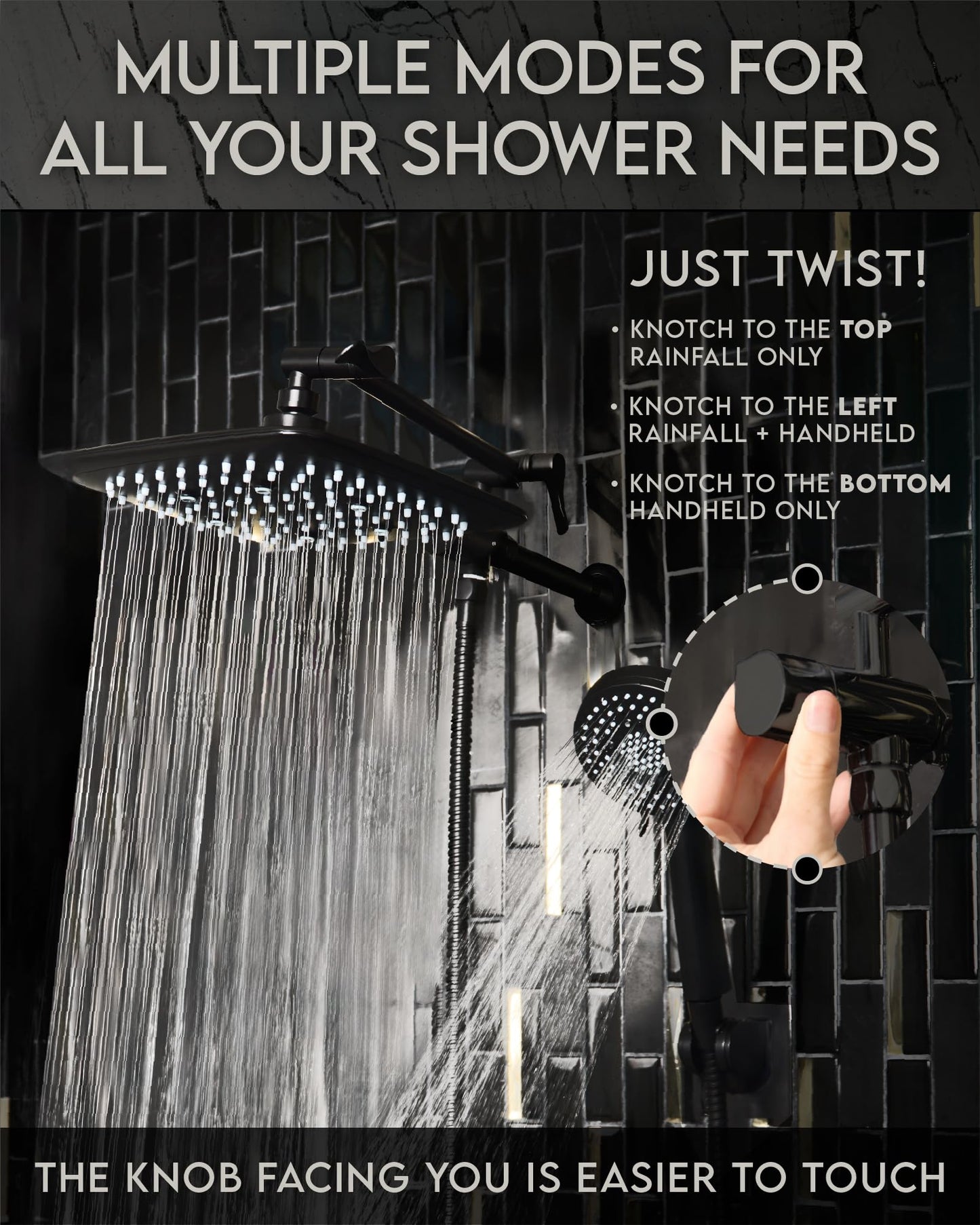 Veken High Pressure Rain Shower Head Combo with Extension Arm- Easy to Install Wide Rainfall Showerhead with 3 Water Spray Modes – Adjustable Dual Showerhead with Anti-Clog Nozzles