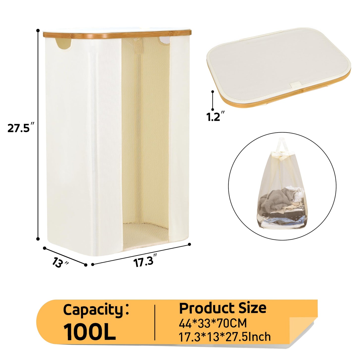 ELONG HOME Laundry Basket 100L Beige Collapsible Laundry Baskets with Removable Liner and Bamboo Handle