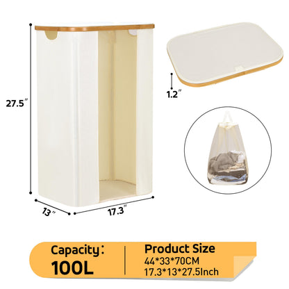 ELONG HOME Laundry Basket 100L Beige Collapsible Laundry Baskets with Removable Liner and Bamboo Handle