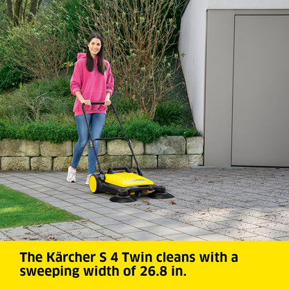 Kärcher - S 4 Twin Walk-Behind Outdoor Hand Push Sweeper - 5.25 Gallon Capacity - 26.8" Sweeping Width - Sweeps up to 26,000 ft²/Hour,Yellow