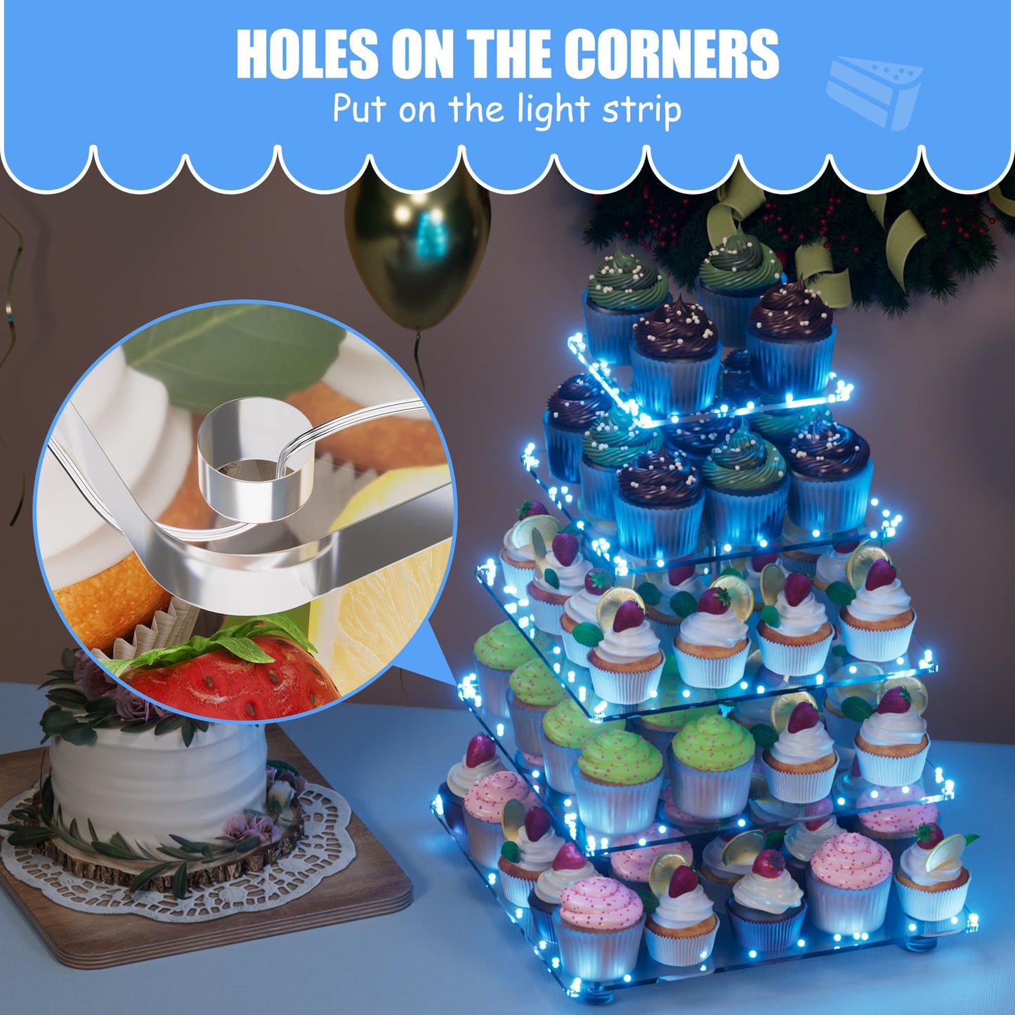 Antimbee 5 Tier Cupcake Stand, Clear Acrylic Cupcake Holder - Square Tower Display for Dessert Table + LED Light String, Cupcake Stand for Weddings/Birthday/Anniversary/Dating/Party Events