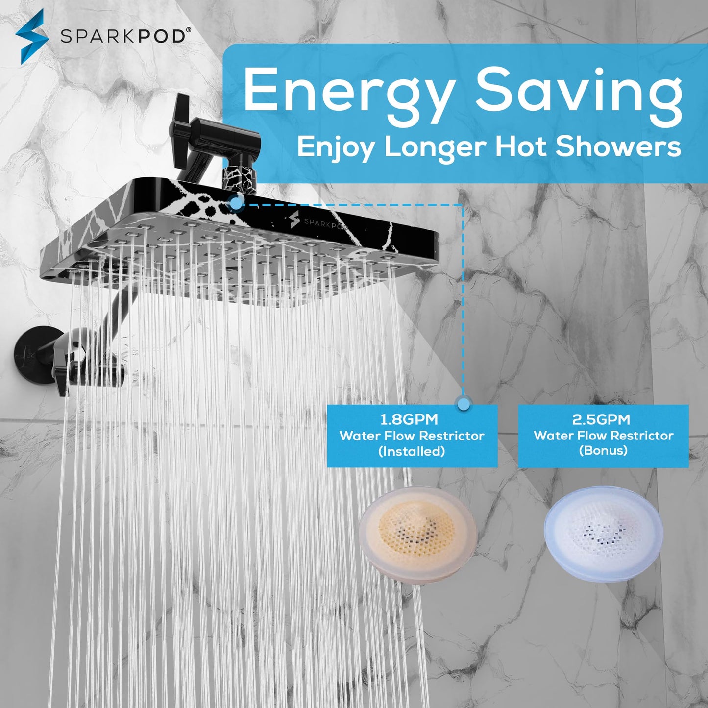 SparkPod Shower Head - High Pressure Rain - Premium Quality Luxury Design - 1-Min Install - Easy Clean Adjustable Replacement for Your Bathroom Shower Heads (8" Square, Black Marble)