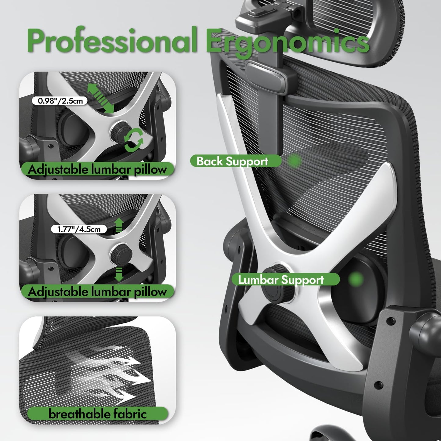 Ergalithic Ergonomic Office Chair - X-Shaped Computer Desk Chair Comfy, Gaming Chair, Office Chair with Lumbar Support, Mesh Office Chairs with Headrests, Desk Chair for Long Hours (Black Silver)