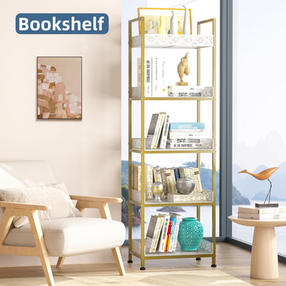 vimiroo Heavy Duty 5 Tier Bookshelves, Metal Industrial Kitchen Shelf Storage Organizer with Load-Bearing 500 lbs Rust Resistance Tall Bookcase for Living Room,Home, Kitchen, Office (Metallic Gold)