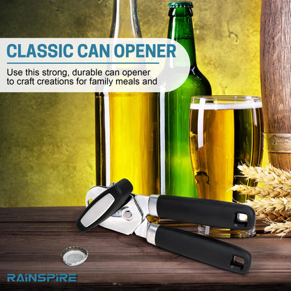 Rainspire Can Opener Manual Handheld Strong Manual Can Opener Smooth Edge Cut, Can Opener Heavy Duty, Comfortable Soft Handle, Built-in Bottle Opener, Black