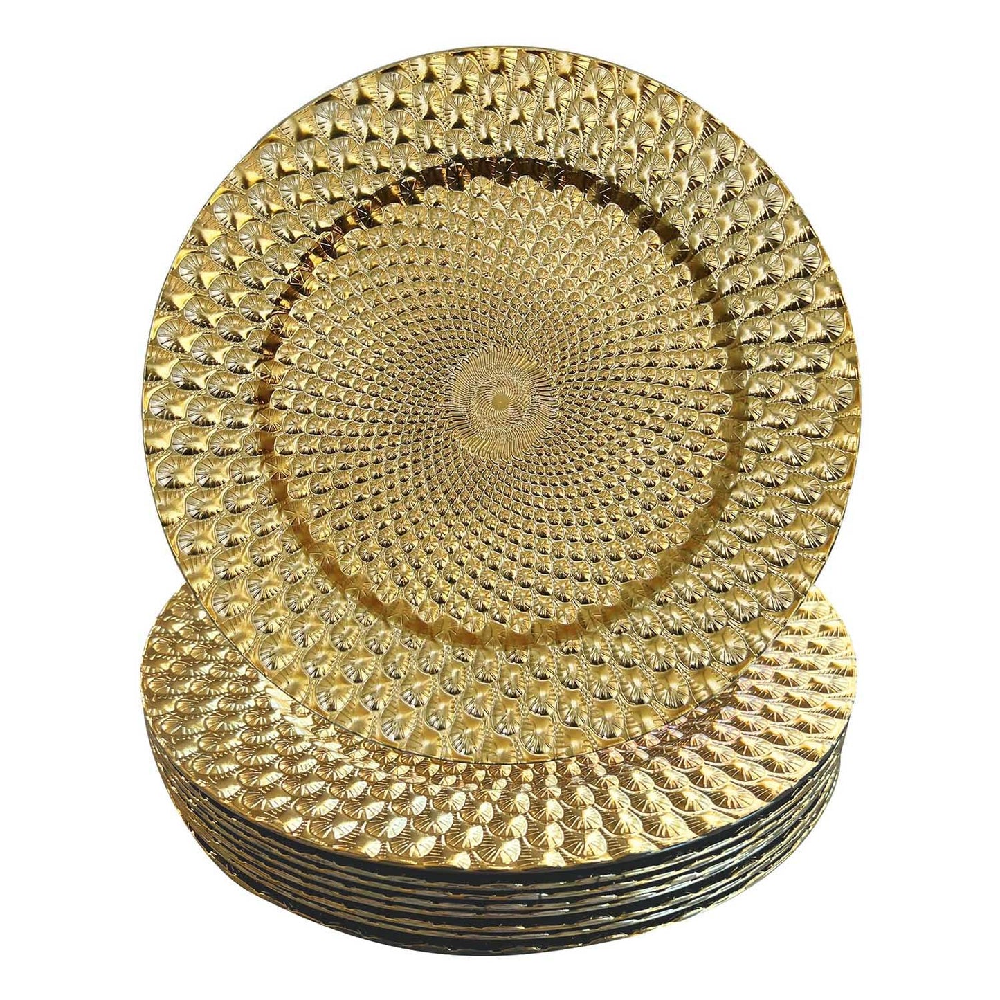 WELMATCH Gold Plastic Peacock Charger Plates - 12 pcs 13 Inch Round Wedding Party Decroation Charger Plates (Peacock Gold, 12)