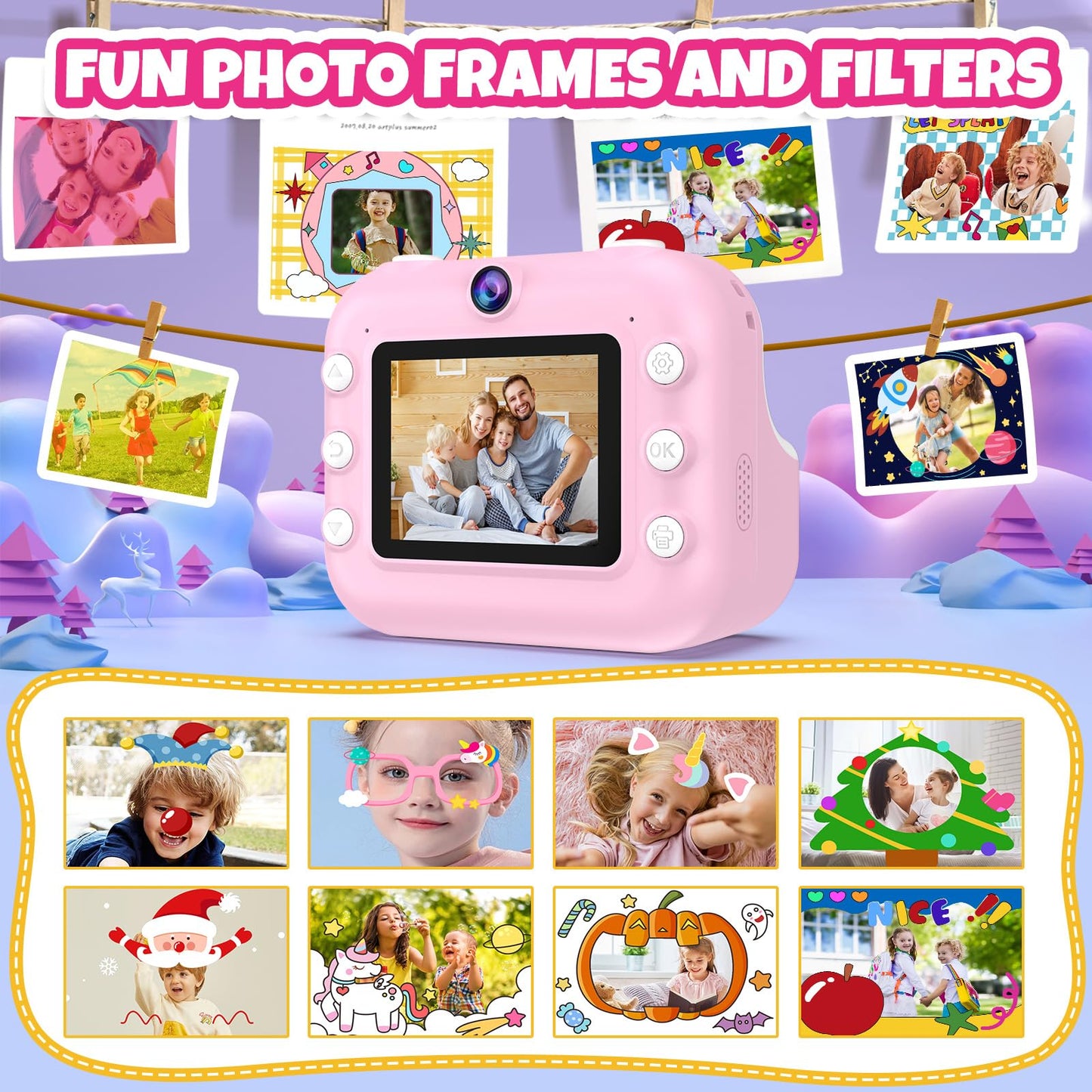 Kids Camera Instant Print Toys Toddler Cameras Printing Photos - 1080P Video Cameras - 12Mp Children Digital Selfie Camera Gift for Girls Boys Age 3-12 with 32GB SD Card (Pink)