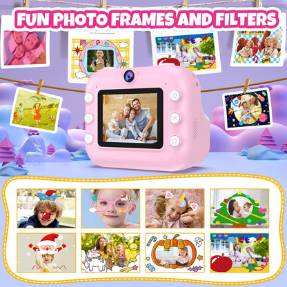 Kids Camera Instant Print Toys Toddler Cameras Printing Photos - 1080P Video Cameras - 12Mp Children Digital Selfie Camera Gift for Girls Boys Age 3-12 with 32GB SD Card (Pink)