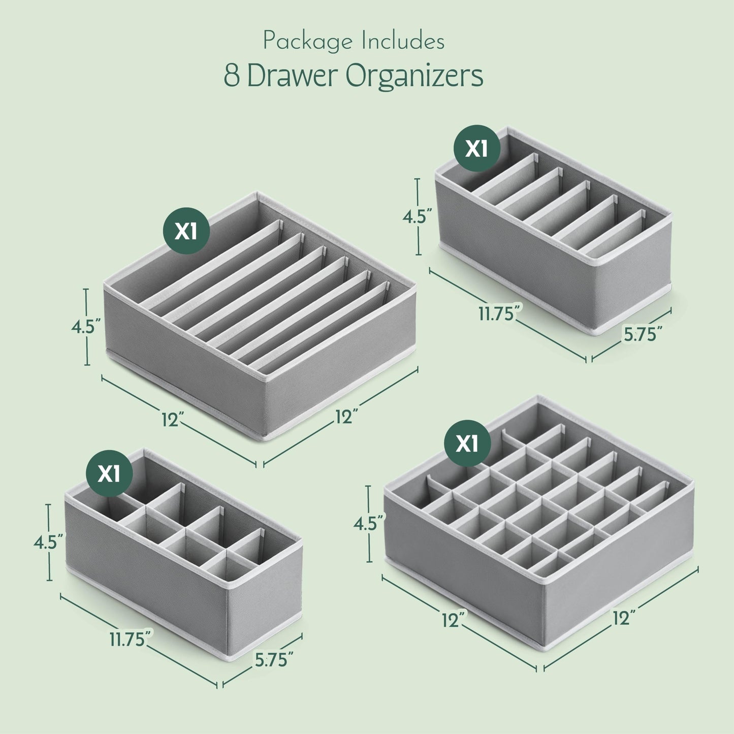 Dresser Organizer, [8 Pk] Grey Fabric Dresser Drawer Organizers (4 Sizes With 90 Slots) Foldable Underwear Drawer Organizer Breathable Bins for Bra, Lingerie, Socks, Scarves, Belt, Tie, Baby Clothes