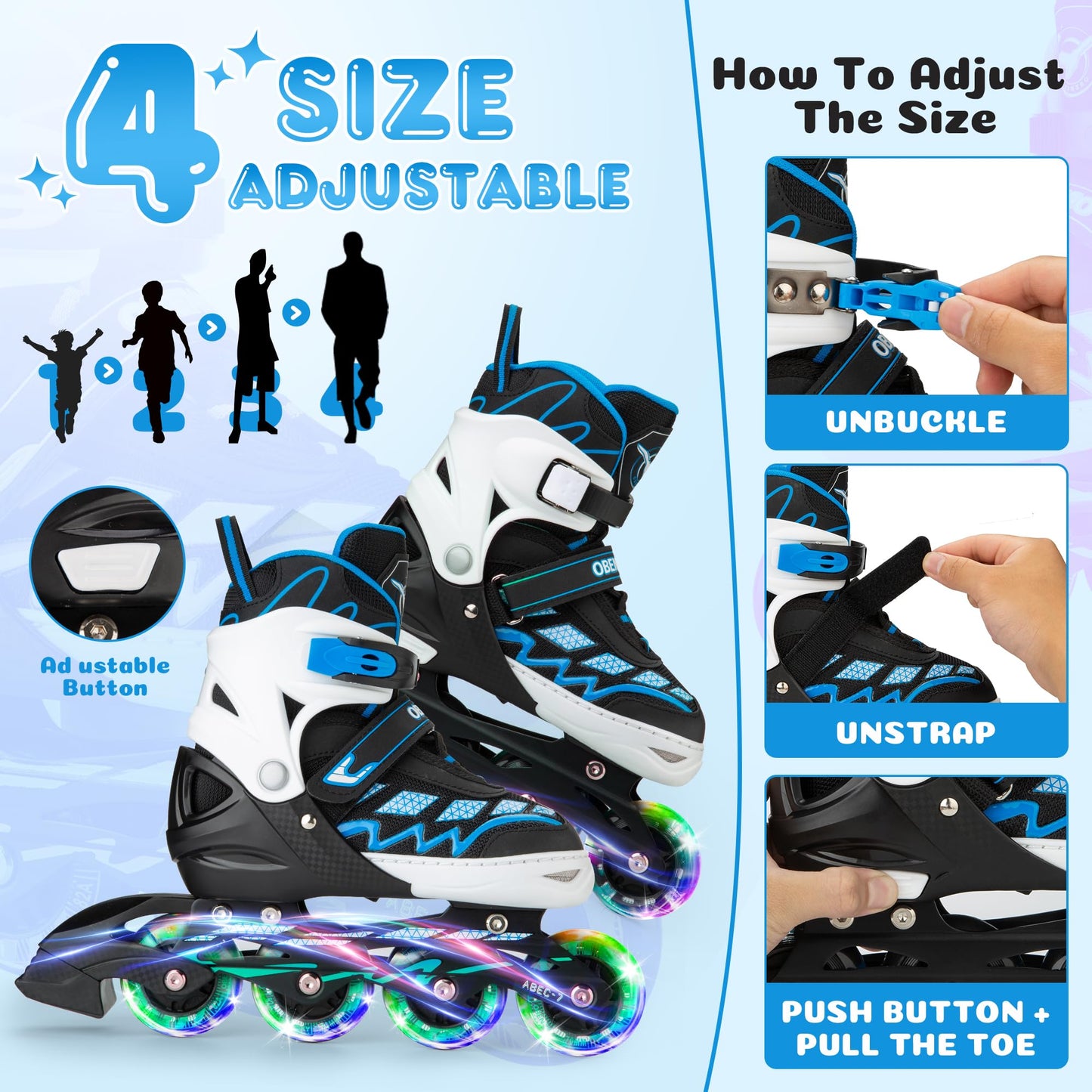 OBENSKY Inline Skates for Kids Ages 5-8, Adjustable Inline Skates for Boys and Girls 8-12 with Light Up Wheels, Outdoor Roller Skates for Beginners Children Teens with Free Skate Bag - Large,Blue