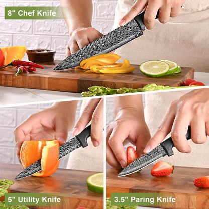 Gourmetop 3 Pcs Kitchen Knife Set with Cover, Black Knives Set for Kitchen Stainless Steel, Damascus Pattern Chef Knife set with Sheath, Sharp Cutting Knives for Cooking