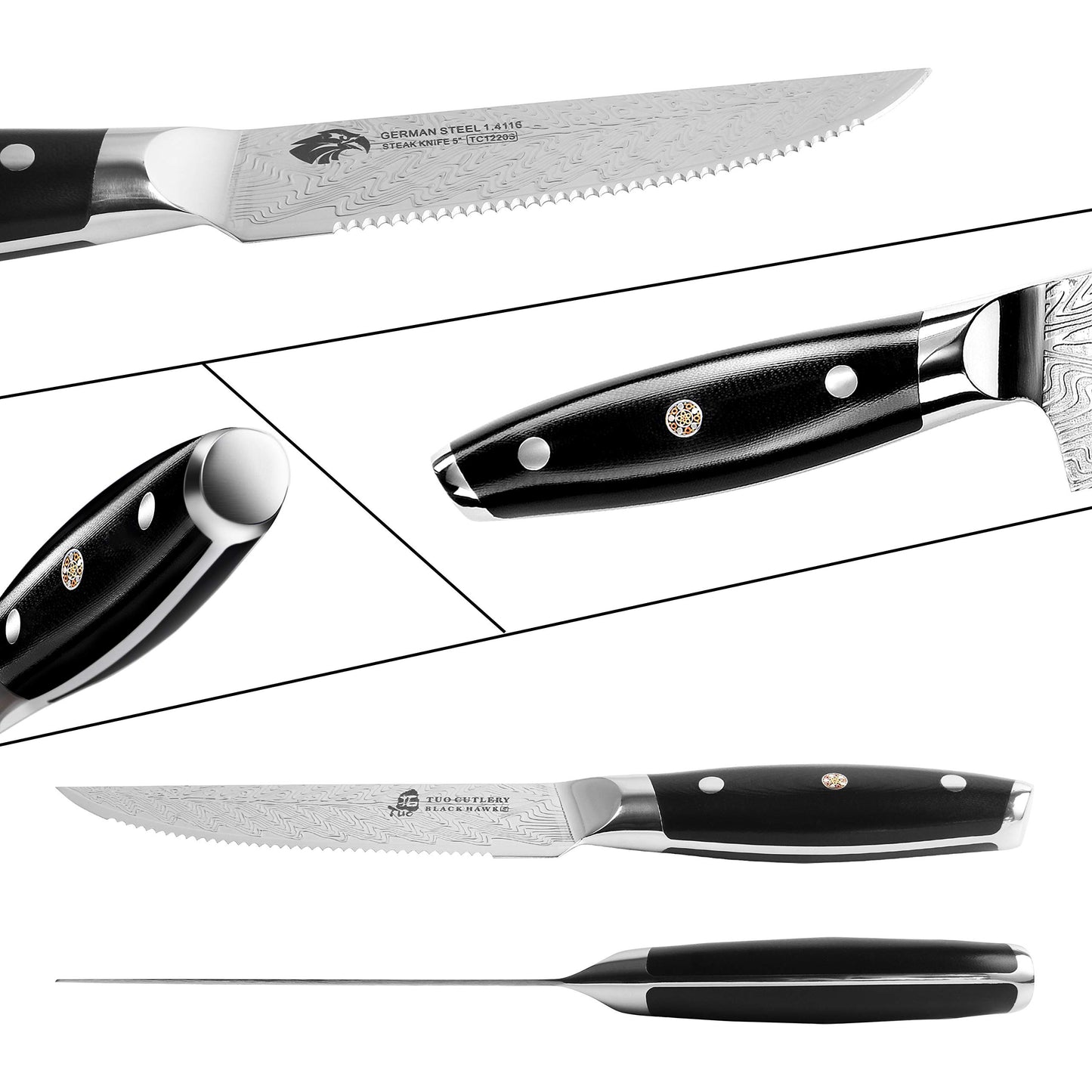 TUO Serrated Steak Set 5'' - Professional Kitchen Steak Knives Set of 4 - Triple Rivet Steak Knives G10 Full Tang Handle - BLACK HAWK S Series