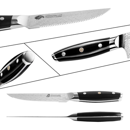 TUO Serrated Steak Set 5'' - Professional Kitchen Steak Knives Set of 4 - Triple Rivet Steak Knives G10 Full Tang Handle - BLACK HAWK S Series