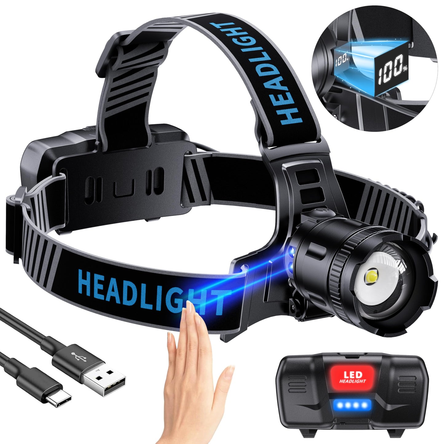 2000 Lumens Rechargeable LED Headlamp with Sensor