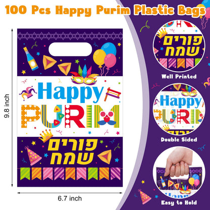 100 Pcs Happy Purim Gift Bags with Handles