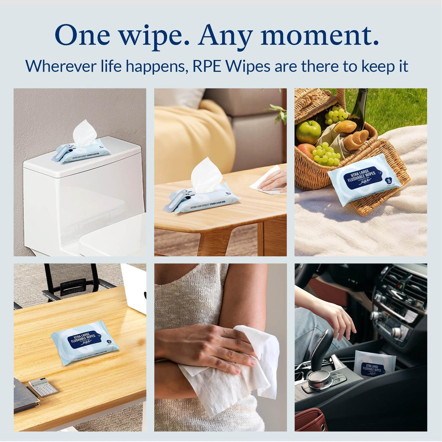 RPE Life Flushable Wet Wipes - 6 Portable Travel Size Packs (60 Ct) - Unscented Extra-Large Body & Hand Tissue with Vitamin E & Aloe - For Adults, Kids & Children - Perfect for On-the-Go & Outdoor Use