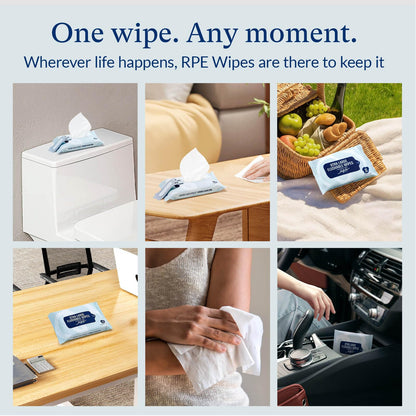 RPE Life Flushable Wet Wipes - 6 Portable Travel Size Packs (60 Ct) - Unscented Extra-Large Body & Hand Tissue with Vitamin E & Aloe - For Adults, Kids & Children - Perfect for On-the-Go & Outdoor Use