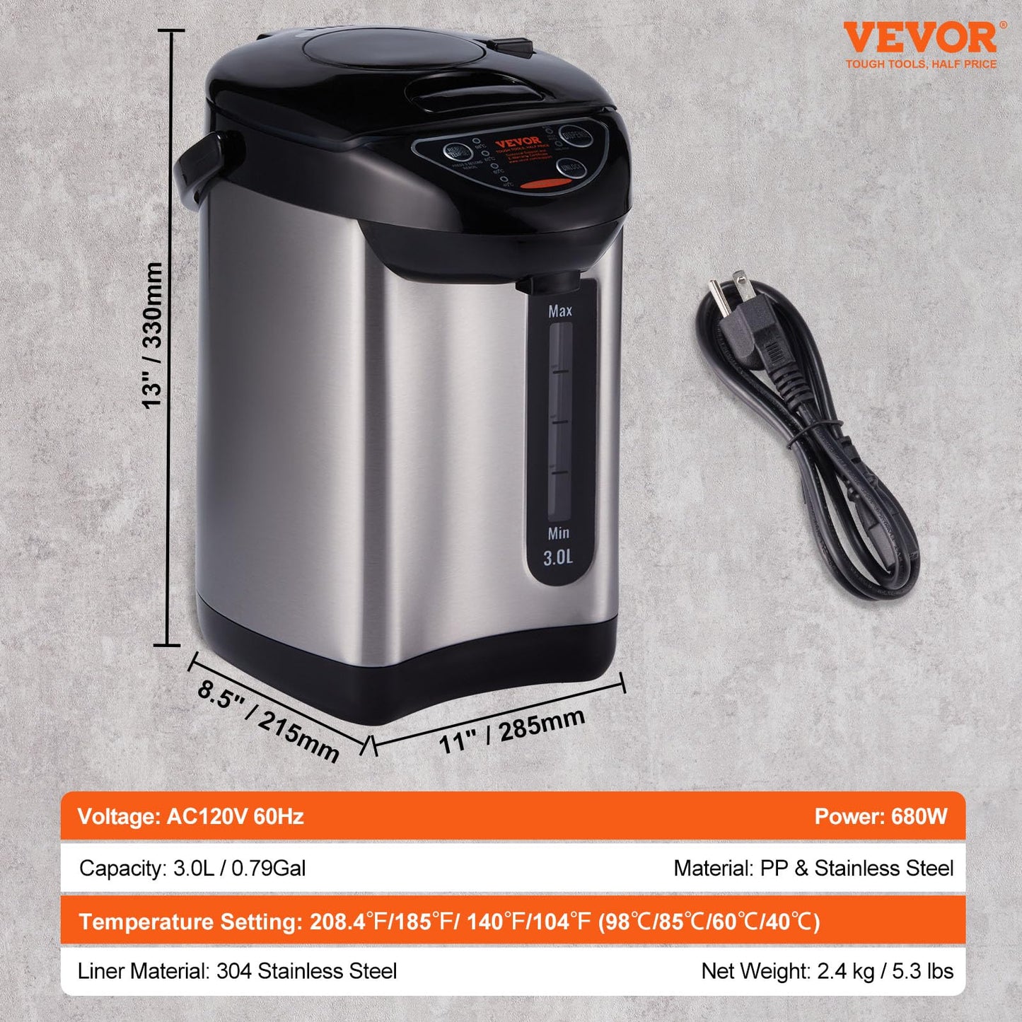 VEVOR Hot Water Dispenser, Adjustable 4 Temperatures Water Boiler and Warmer, 304 Stainless Steel Countertop Water Heater, 3-Way Dispense for Tea, Coffee and Baby Formula, 3L/102 oz