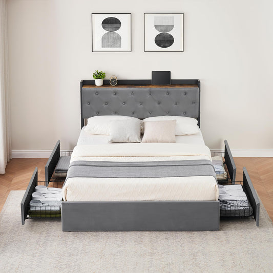 Full Size Velvet Bed Frame with Storage Drawers