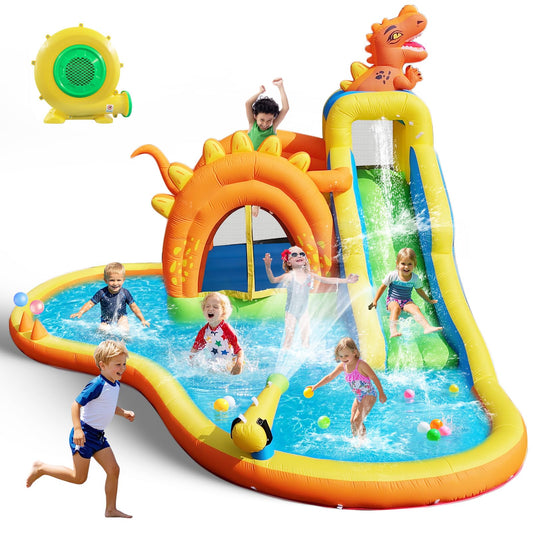 Dinosaur Inflatable Water Slide Park - 7 in 1 Bounce House with Slide, Jump Area, Splash Pool, Climbing Wall & Basketball Hoop | 480W Blower Included | Indoor/Outdoor Backyard Play for Kids 3-10