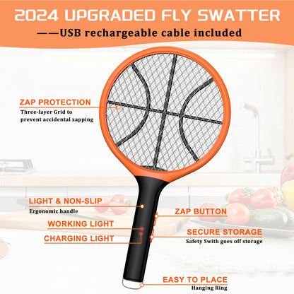 LUOJIBIE Electric Fly Swatter, Bug Zapper Racket Rechargeable Mosquito Zapper Handheld Fly Zapper with Hanging Ring for Home Indoor Outdoor, Large Size-1 Pack