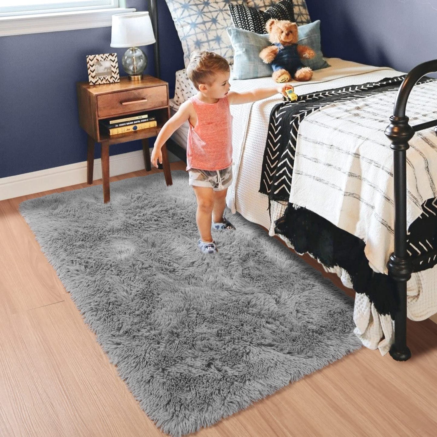 Fluffy Grey Non-Slip Area Rug for Bedrooms