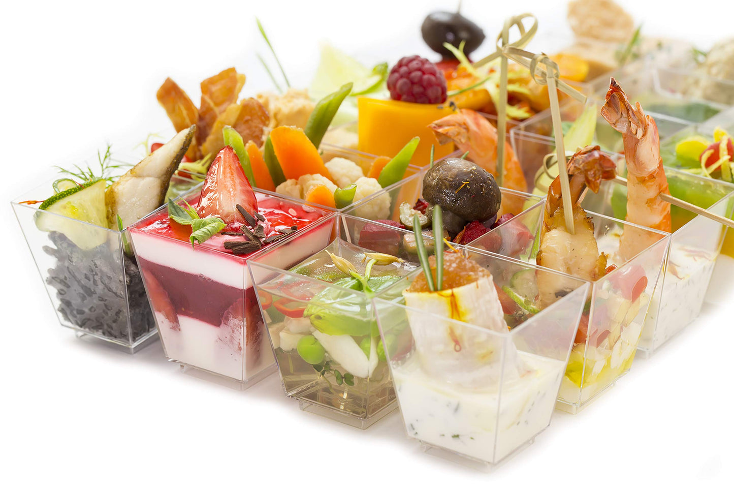 Oasis Creations Square Dessert Cup - 4 Ounce - Durable Crystal Clear Plastic - 50 Count - Ideal for Desserts, Appetizers, Entrees, Puddings, Mousse and More!