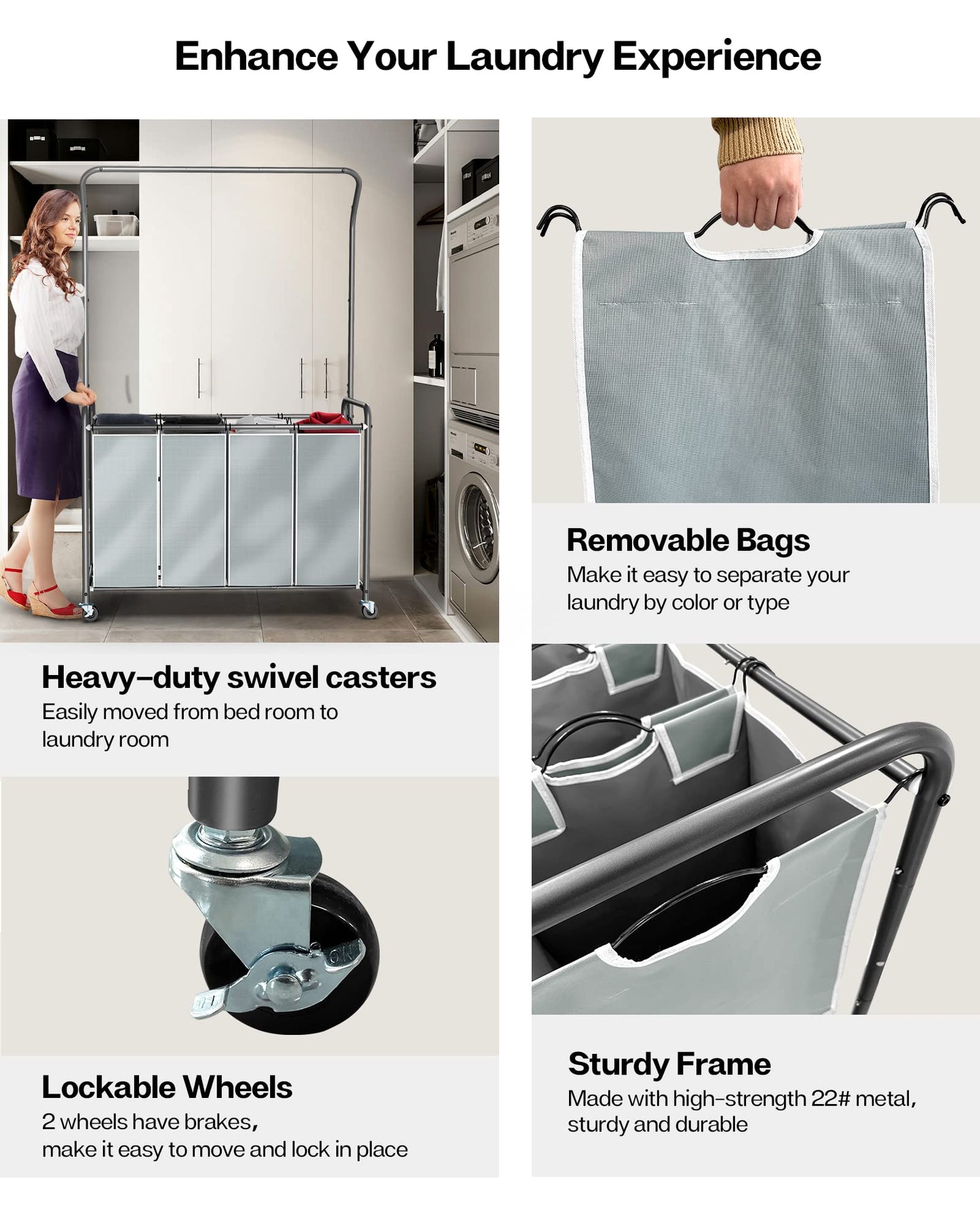 ROMOON Laundry Sorter with Hanging Bar, 4 Section Laundry Hamper with Heavy Duty Lockable Rolling Wheels, Laundry Basket with Removable Bags for Dirty Clothes, Grey