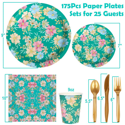 Uniecocus 175PCS Disposable Plates Set, Party Plates and Cups and Napkins Sets, Flower Paper Plates Set, Disposable Dinnerware Set for Party Wedding Birthday