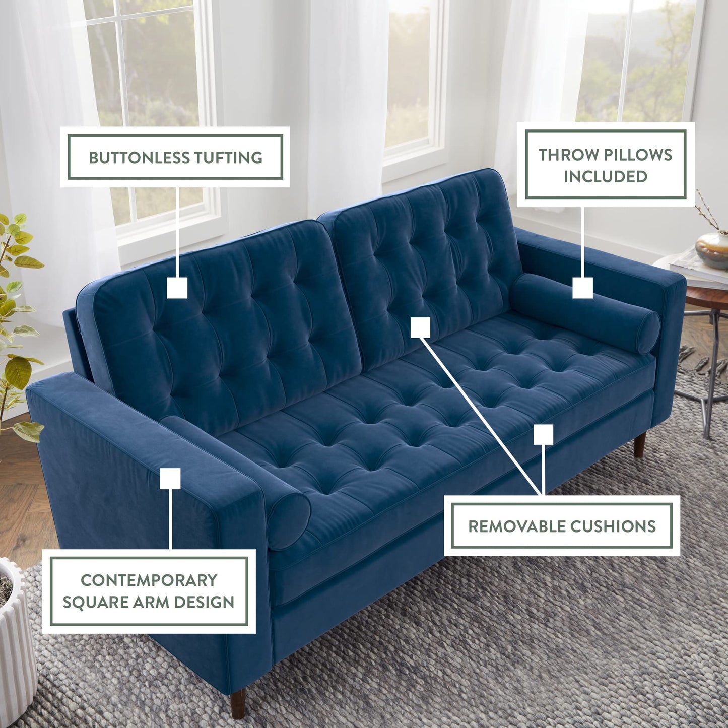 Edenbrook Lynnwood Upholstered Sofa - Couch for Living Room Office or Bedroom - Mid-Century Modern Design Furniture - Buttonless Tufting - Simple Assembly - Includes Bolster Pillows - Navy Velvet