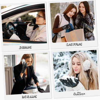 Womens Black Leather Touchscreen Winter Gloves