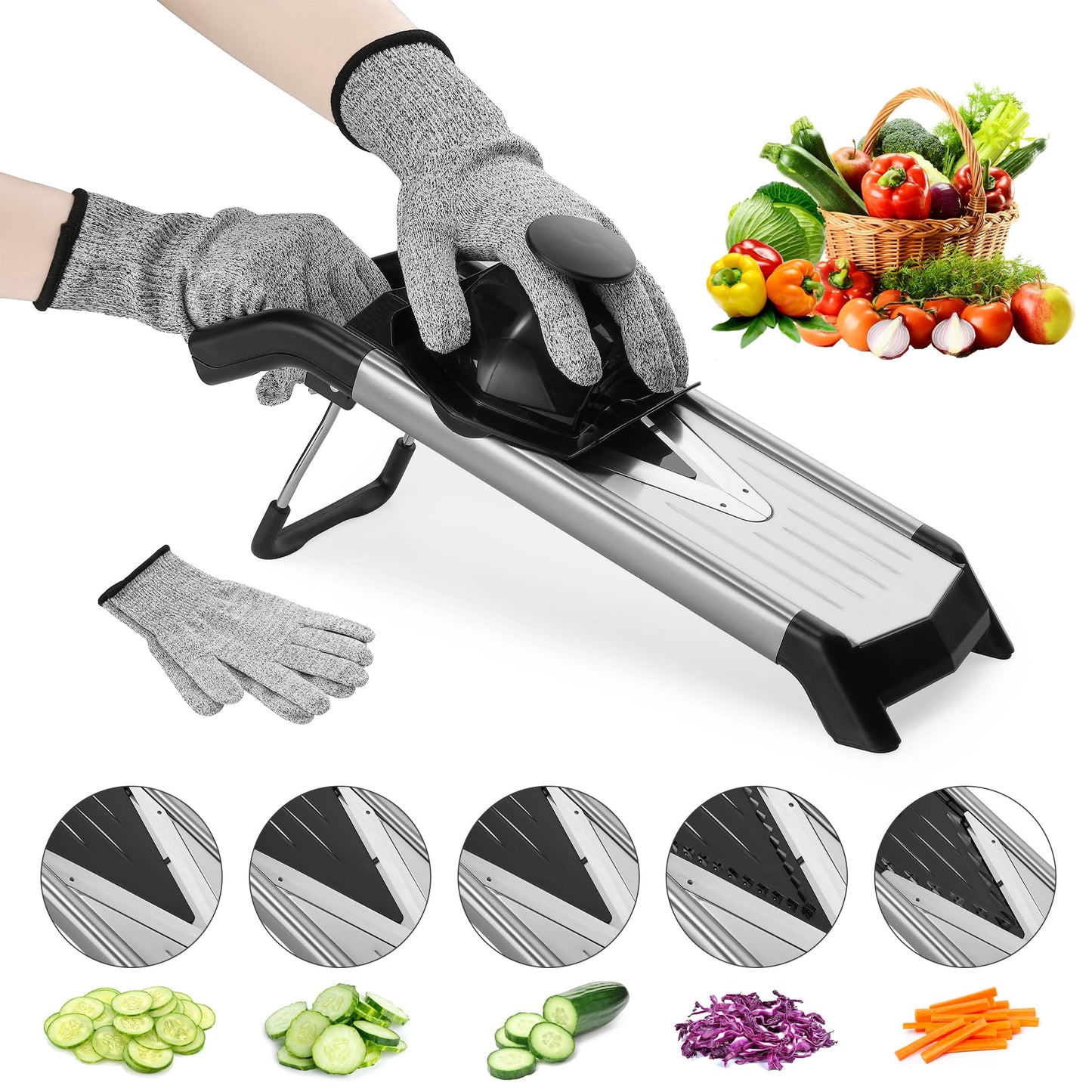 Supernal Mandoline Slicer Adjustable Mandoline Food Slicer for Kitchen 5-in-1 Vegetable Cutter Mandolin Potato Tomato Slicer Carrot Slicer Onion Slicer-Stainless Steel-One Pair Cut-Resistant Gloves