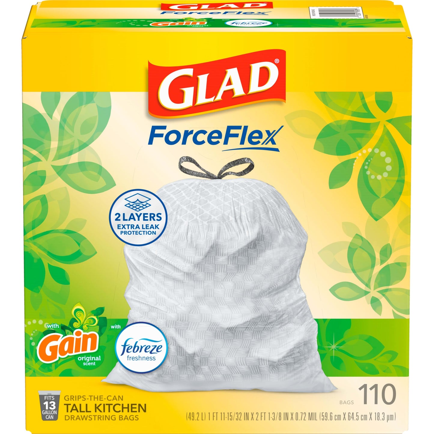 Glad ForceFlex Tall Kitchen Trash Bags, 13 Gal, Gain Original with Febreze, 110 Ct (Pack May Vary)