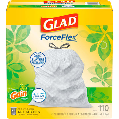 Glad ForceFlex Tall Kitchen Trash Bags, 13 Gal, Gain Original with Febreze, 110 Ct (Pack May Vary)