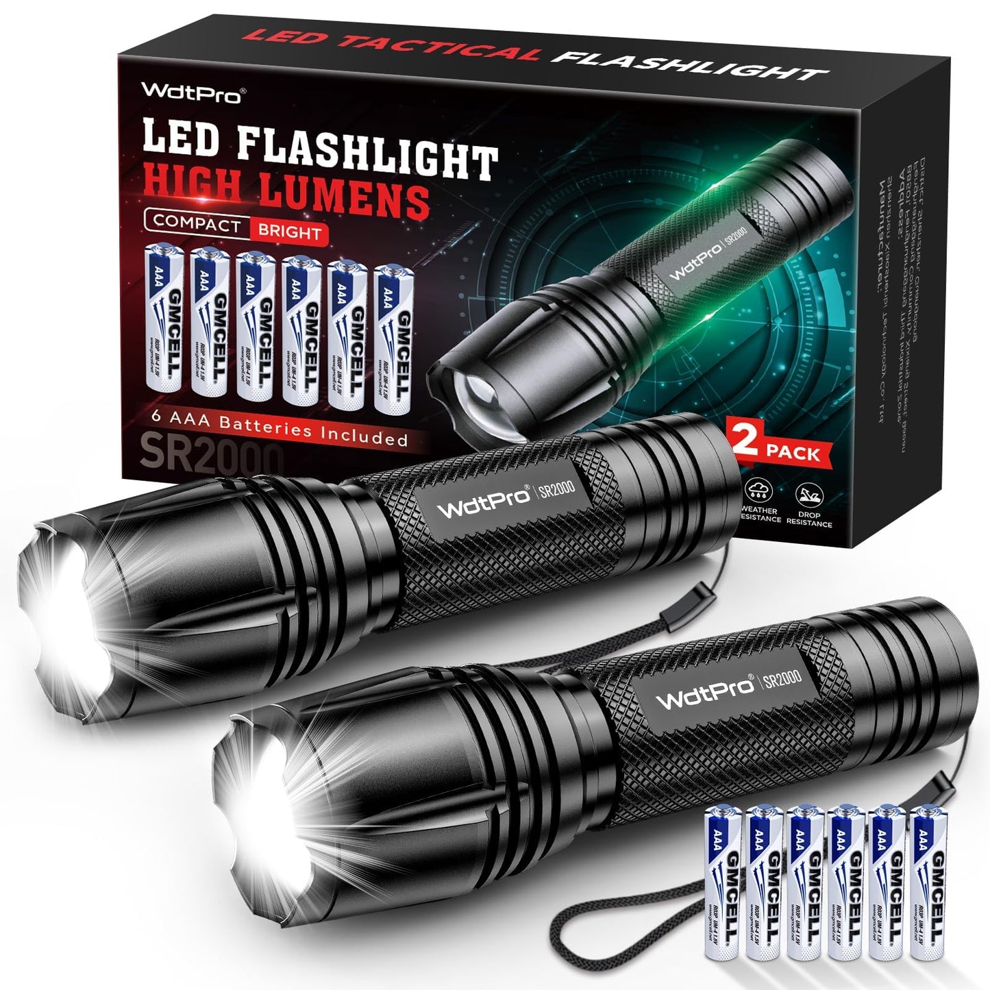 WdtPro LED Flashlight High Lumens SR2000 Pro, 2 Pack Brighter Tactical Flashlights with 5 Modes & Zoomable, Powerful Mini Flash Light for Emergency, Camping, Hiking (Black)